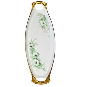 Vintage Hand Painted Signed Long Porcelian Celery Dish Tray With Handles Gold